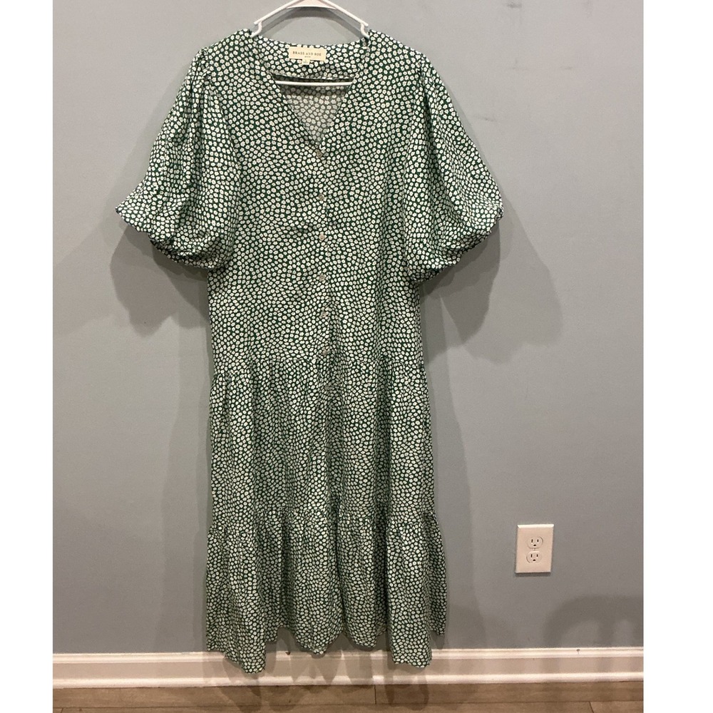 Called to Surf Womens Puff Sleeve Tiered Midi Dress L Green Ditsy Floral Cottage